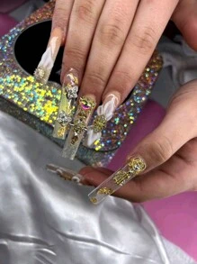 10 件新款珍珠水钻装饰金属美甲配件，DIY 指甲贴纸手工珠宝指甲饰指甲宝石美甲用品指甲 - 金色 - 查看 2