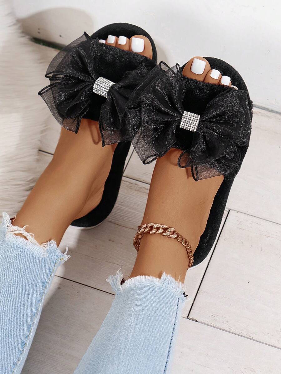 Women's Rhinestone Decoration Bow Decoration Slippers,Ladies Memory Foam House Shoes,Black Flat Sandals,Open Toe Plush Fluffy Furry Home Shoes, Bridal Bridesmaid Slipper Gifts For Wedding