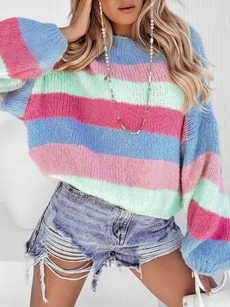 New Arrival Women's Casual Fashion Color Block Crew Neck Long Sleeve Knitted Sweater,Long Sleeve Tops