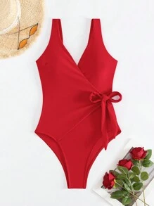Solid Color Sexy Deep V Design One-Piece Swimsuit, Summer Beach Holiday