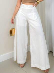 Women's Chambray Pantaloon Pants With Zipper On The Sides And Short Lining - White - View 1