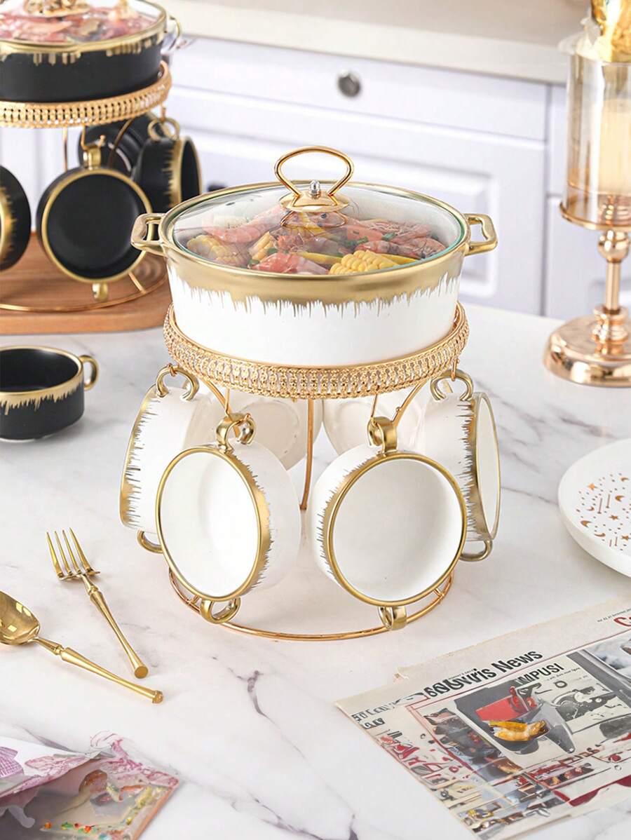 1 Bộ Nồi Gốm Sứ Mạ Vàng Phong Cách Bắc Âu, Bộ Nồi 7 Chiếc Có Nắp Đậy Và Đồ Dùng - Nhiều màu - Xem 1