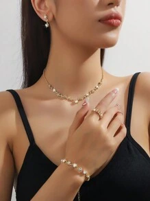 5pcs Luxury Wedding Party Versatile Gold/Silver/Rose Gold Necklace, Bracelet, Earrings, Ring Jewelry Set, Bridal Accessories Suitable For Daily Use Valentine's Day Accessories - Multicolor - View 13