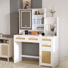 Makeup Vanity With Lights In 3 Colors & Openable Mirror, Vanity Desk With 4 Drawers & 1 Cabinets & Shelves, Vanity Table Rattan Vanity Dresser, For Bedroom.Mo-Autos