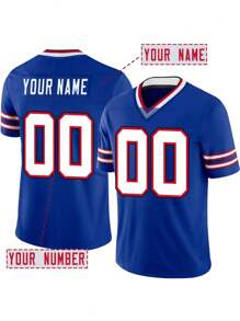 定制姓名和号码男友风格男士刺绣美式足球球衣水牛蓝 V 领个性化短袖衬衫派对比赛训练比赛运动上衣 DIY S-XXL - 藍色 - 查看 1