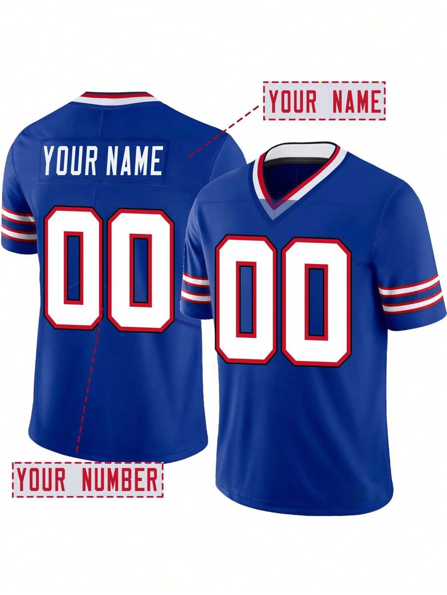 定制姓名和号码男友风格男士刺绣美式足球球衣水牛蓝 V 领个性化短袖衬衫派对比赛训练比赛运动上衣 DIY S-XXL - 藍色 - 查看 1