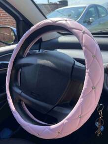 15英寸菱形图案仿皮亮面通用汽车方向盘套，粉色汽车用品，女士汽车配件 - 粉色 - 查看 4