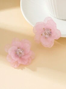 1 Pair Romantic Asymmetrical Light Pink Flower Earrings, Gentle Design Suitable For Women Daily Wear, Wedding, Travel, Vacation - Baby Pink - View 3