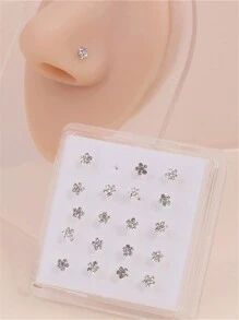 20pcs/box Mixed Color Rhinestone Plum Blossom Shaped Nose Pin & Ball Stud Set, Suitable For Women - White Color - View 2