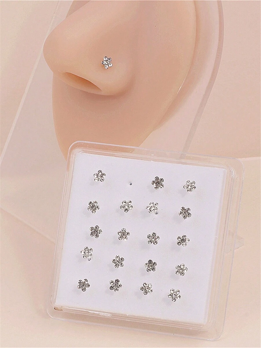 20pcs/box Mixed Color Rhinestone Plum Blossom Shaped Nose Pin & Ball Stud Set, Suitable For Women - White Color - View 1