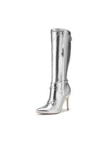 Women Metallic Stiletto Heeled Knee-High Boots, Punk Gothic Thigh High Pointed Toe Motorcycle Sexy Party Prom Christmas Dress Boots With Stud And Zipper Tassel - 銀色 - 查看 5