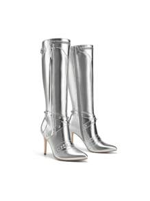 Women Metallic Stiletto Heeled Knee-High Boots, Punk Gothic Thigh High Pointed Toe Motorcycle Sexy Party Prom Christmas Dress Boots With Stud And Zipper Tassel - 銀色 - 查看 6