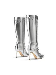 Women Metallic Stiletto Heeled Knee-High Boots, Punk Gothic Thigh High Pointed Toe Motorcycle Sexy Party Prom Christmas Dress Boots With Stud And Zipper Tassel - 銀色 - 查看 8
