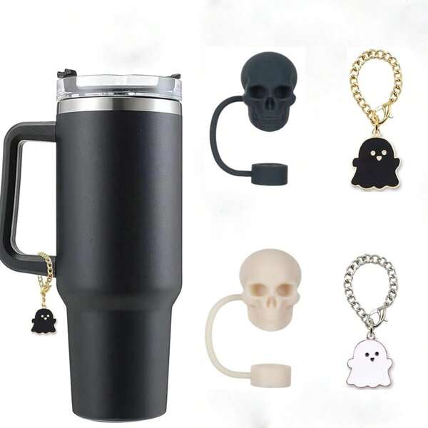 1set/2pcs 10mm Skull Shaped Silicone Straw Toppers, Funny Ghost Water Bottle Decor Pendant, Fit For 30&40oz Tumblers