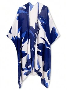 Beautiful Nomad Kimono femme à manches courtes avec imprimé floral, couvre-tout décontracté pour les vacances, la plage et l'été - Bleu et Blanc - Voir 6