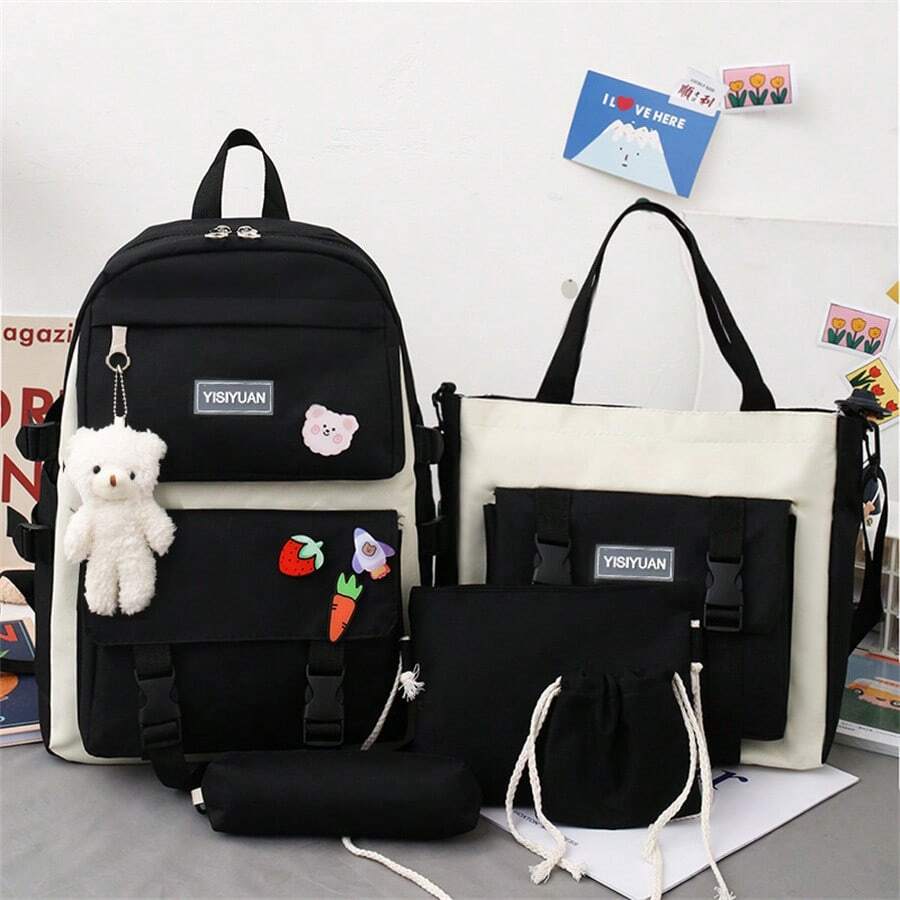 New Ins Canvas Large-Capacity Girl's Backpack, Five-Piece College Student Schoolbag, Contrasting Color School Bag - Đen và trắng - Xem 1