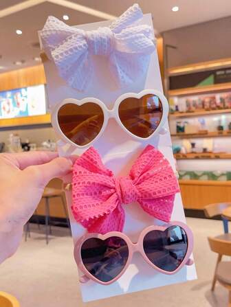 2 件套全新婴儿女孩男孩可爱纯色蝴蝶结发带心形儿童时尚眼镜发饰套装，仅展示卡片，不发货