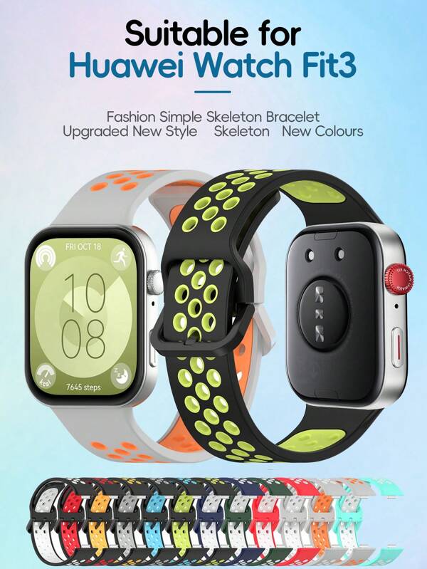 1 pieza Correa de silicona líquida bicolor transpirable compatible con Huawei Watch Fit 3, correa deportiva con agujeros unisex