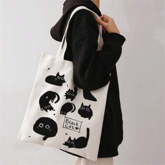 Cat Pattern Double-Sided Printed Shoulder Handbag Printed Handbag Casual Travel Beach Bag Large Capacity Reusable Shoulder Shopping Bag Women's Casual Shoulder Bag Handbag Large Capacity Canvas Beach Bag Handbag Shopping Bag Printed Women's Grocery Shoulder Bag Back To School ,School Supplies,Shop Back To School ,Classroom,Shell