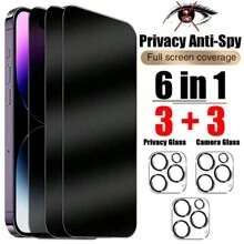 6in1 Privacy Screen Protector Tempered Glass With Phone Back Camera Glass Film Compatible With Iphone 16 15 14 13 12 11 Pro Max 3PCS Anti Spy Front Glass With 3PCS Camera Lens Glass