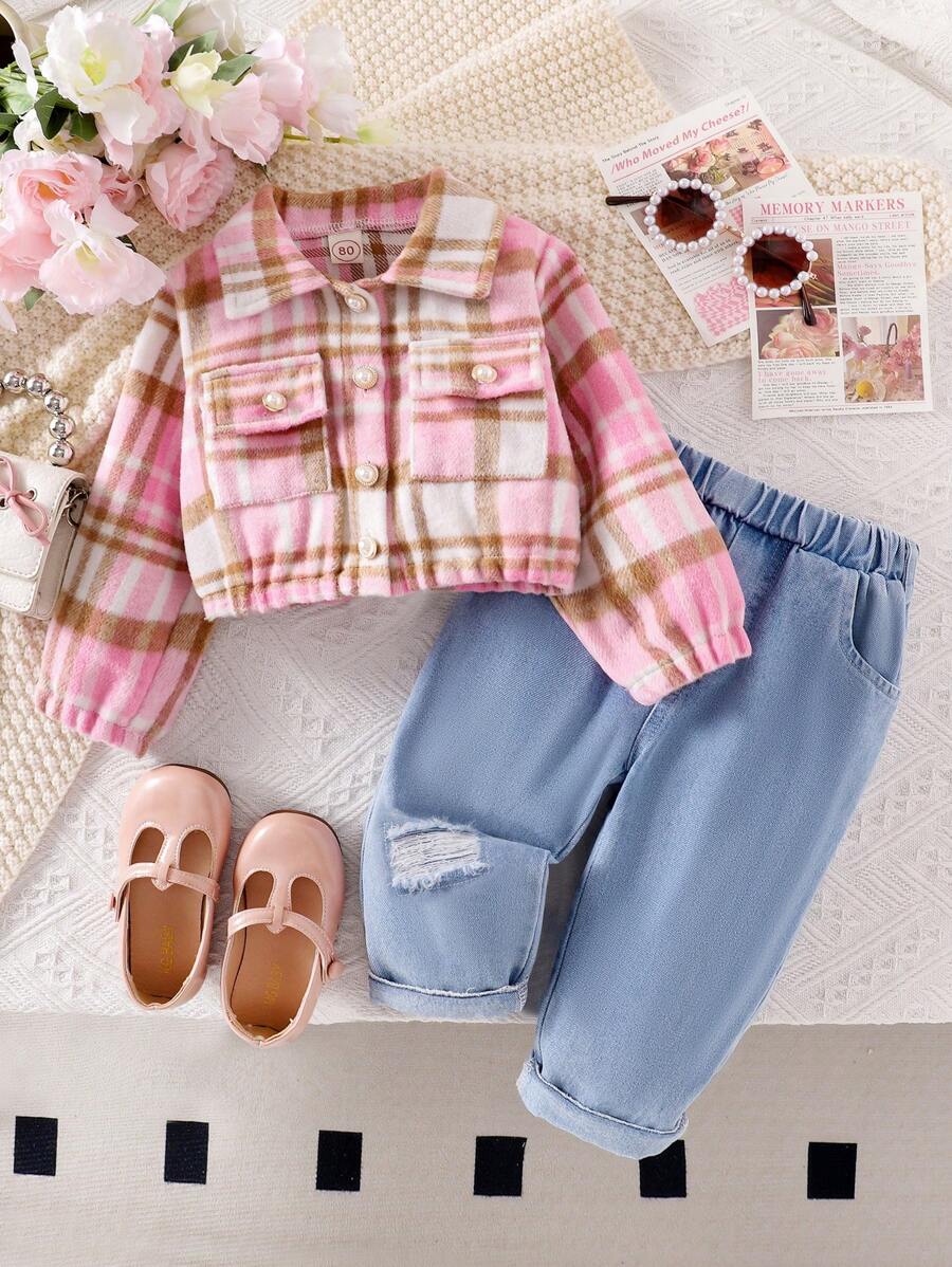 Conjunto de 2 peças de jaqueta e calça jeans estampada xadrez fofa para bebês meninas, primavera outono, para o Natal - Rosa - Ver 1