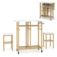 3 Piece Dining Table Set, Extendable Kitchen Table With 2 Stools, Rolling Dining Room Table Set With 6-Bottle Wine Rack, Shelves & Side Pushing Handle, Folding Breakfast Table Set, Gold + White - White - View 1