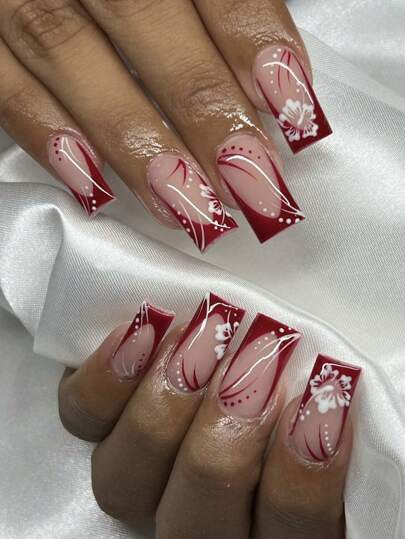 24Pcs/Set Dusty Pink Almond Shape Full Cover Sakura Flower Printed False Nails, Suitable For Daily Wear Press On Nails Nail Supplies Nails