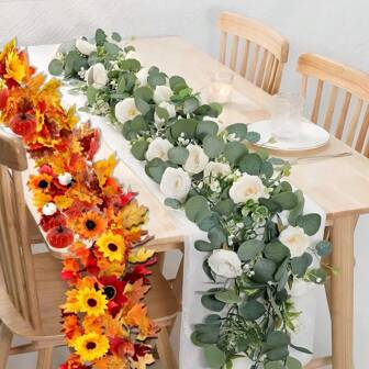 Christmas Decoration 1pc Elegant & Lush Faux Eucalyptus Floral Garland With Roses - Ideal For Wedding, Home, And Party Decor, Plastic Design