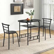 3-Piece Dining Table Set, Kitchen Table And Chairs With Wood Grain Tabletop & Extra Wine Rack, Solid Metal Frame, Space-Saving Furniture Set For Breakfast Nooks, Apartments, Black - Black - View 5