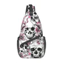 1pc Skull Print Shoulder Strap Chest Bag, Travel Hiking Fitness Crossbody Pack, Personalized Chest Pack