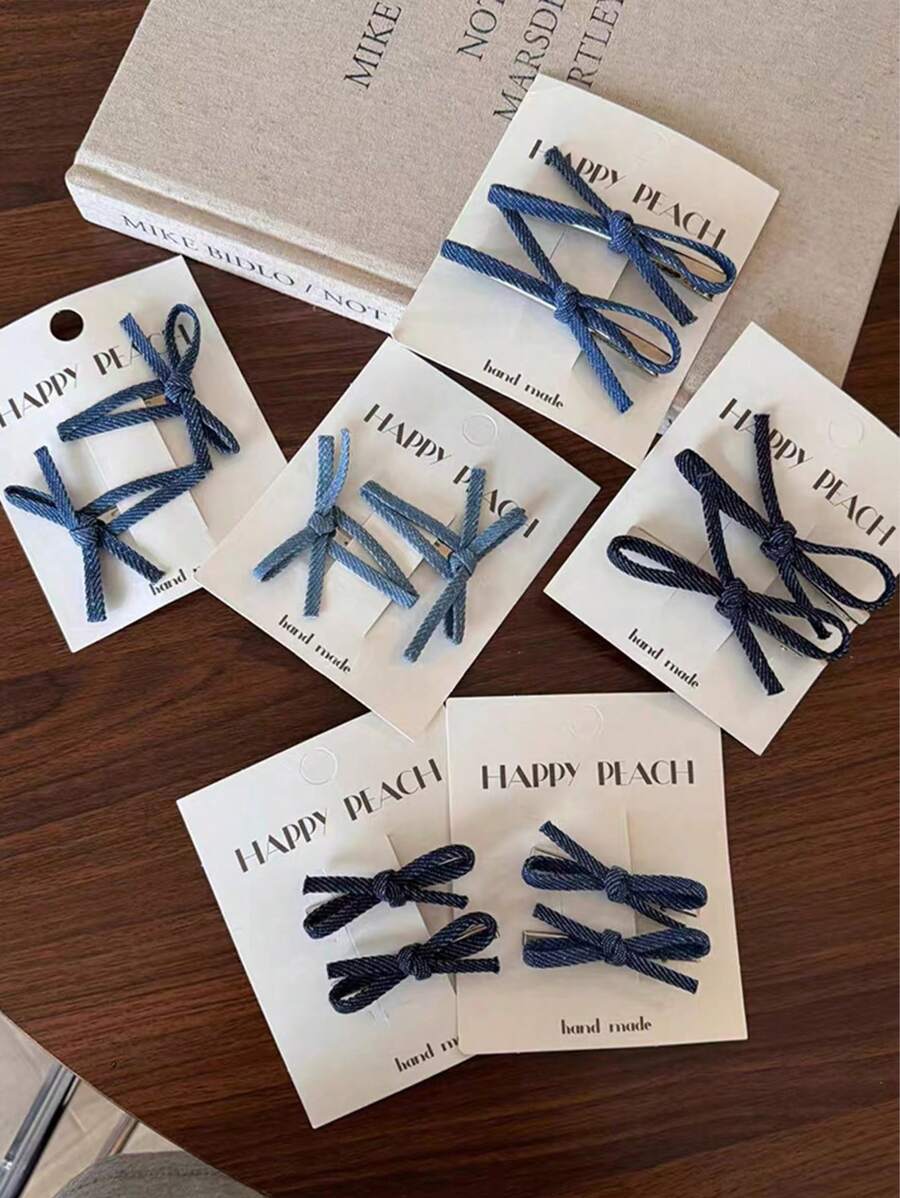 2pcs Women's Blue Bow Denim Effect Elegant Fashion Daily Wear Hair Clips Claw Clips Hair Claws Hair Barrettes, School Stuff, College, Bows, Cute, Hair Accerssories