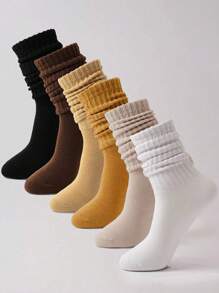 6pairs Kids & Teens Solid Maillard Color Scrunch Crew Slouch Socks - Multicolor - View 1