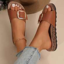 Big Buckle Sandals Women,Summer Beach Essentials - Stylish And Comfortable Women's Sandals Women's Slide Sandals With Memory Cork Footbeds. - 棕色 - 查看 3