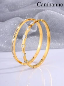 2 Pcs Gorgeous Exquisite Personalized Stainless Steel Love Single Row Drill Bangle Combination Suitable For Holiday Gift-Giving Ladies - Heart Diamond + Single Row Diamond Bracelet - View 15