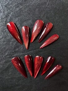 10 件/包手工细高跟假指甲，酒红色哑光猫眼优雅设计，经典风格 DIY 人造全覆盖指甲，适合女士 - 彩色 - 查看 1