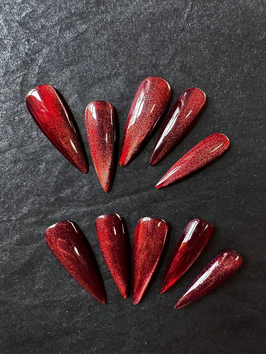 10 件/包手工细高跟假指甲，酒红色哑光猫眼优雅设计，经典风格 DIY 人造全覆盖指甲，适合女士 - 彩色 - 查看 1