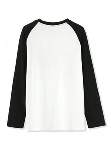 女士休闲百搭日文文字图形印花宽松圆领长袖 T 恤，春夏 - 白色 - 查看 4