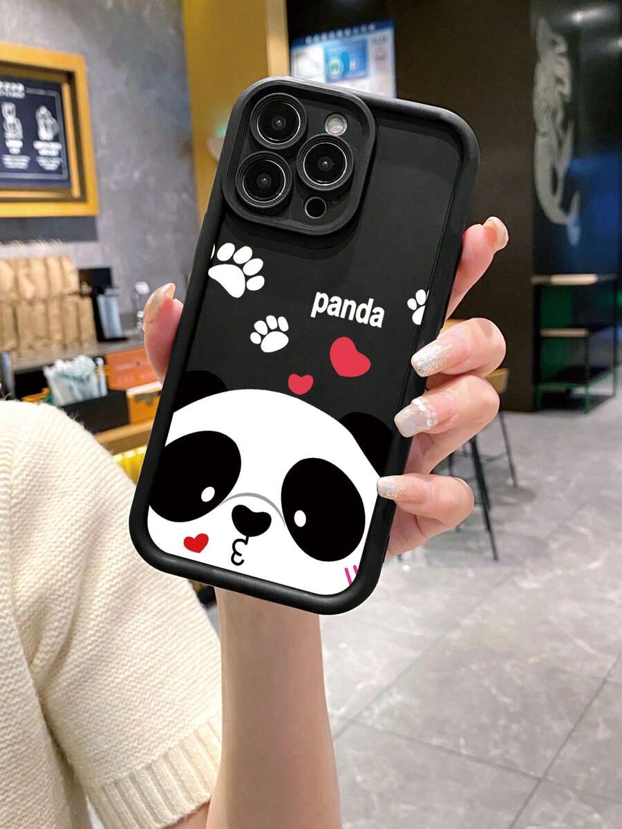 1pc Cute Panda Design Anti-Fingerprint Matte Black Phone Case Compatible With IPhone/ Compatible With Samsung/ Compatible With Xiaomi/ Compatible With Infinix/ Compatible With VIVO/ Compatible With OPPO - Black - View 1
