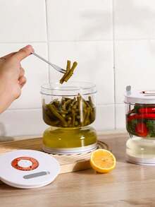 1pc Kitchen Wet And Dry Separated Kimchi Fermentation Container With Fork, Ventilation Holes, And Hourglass - White - View 2