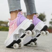 Transformable Roller Skate Shoes, Student Retractable Four Wheel Inline Skates, Double Wheels & Explosion-Proof Walking Shoes With Buttoned Shoelaces, Wearable For Walking Four-Wheeled Upgraded Roller Skate Shoes For Fitness Walking