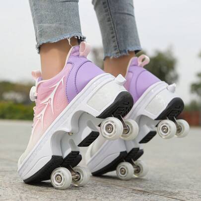 Transformable Roller Skate Shoes, Student Retractable Four Wheel Inline Skates, Double Wheels & Explosion-Proof Walking Shoes With Buttoned Shoelaces, Wearable For Walking Four-Wheeled Upgraded Roller Skate Shoes For Fitness Walking