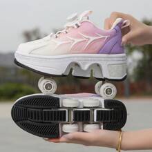 Transformable Roller Skate Shoes, Student Retractable Four Wheel Inline Skates, Double Wheels & Explosion-Proof Walking Shoes With Buttoned Shoelaces, Wearable For Walking Four-Wheeled Upgraded Roller Skate Shoes For Fitness Walking