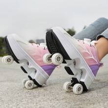 Transformable Roller Skate Shoes, Student Retractable Four Wheel Inline Skates, Double Wheels & Explosion-Proof Walking Shoes With Buttoned Shoelaces, Wearable For Walking Four-Wheeled Upgraded Roller Skate Shoes For Fitness Walking