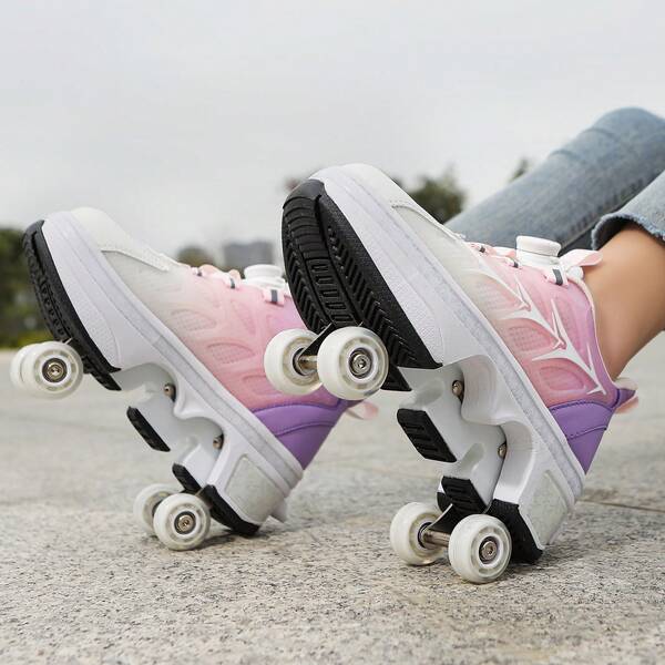 Zapatos de patines transformables, patines en línea de cuatro ruedas retráctiles para estudiantes, zapatos de caminar de doble rueda y a prueba de explosiones con cordones con botones, utilizable para caminar, zapatos de patines de ruedas de cuatro mejorados para caminar en forma