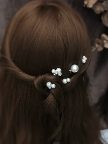 1 套 6 件新娘婚礼发饰，高光泽珍珠发夹和梳子，极简主义设计日常发髻风格头饰，手工珍珠发夹 - 銀色 - 查看 10