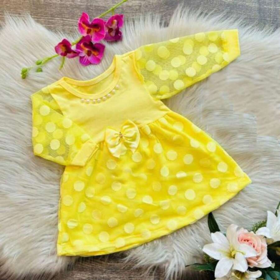 Lace Baby Dress With Pearls For Parties And Christening Baby Clothes - Kuning - View 1