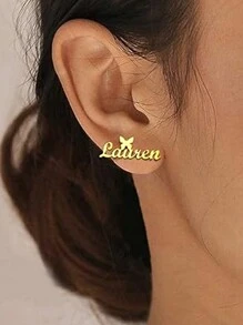 Khuyên tai hình trái tim cá tính, đơn giản & thanh lịch, quà tặng tùy chỉnh dành cho nữ - Bướm, ngôi sao, thiết kế chữ cái, thép không gỉ, màu vàng, đám cưới, trang sức kỷ niệm - Vàng - Xem 3