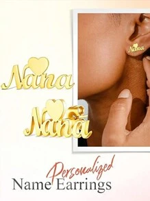 Khuyên tai hình trái tim cá tính, đơn giản & thanh lịch, quà tặng tùy chỉnh dành cho nữ - Bướm, ngôi sao, thiết kế chữ cái, thép không gỉ, màu vàng, đám cưới, trang sức kỷ niệm - Vàng - Xem 2