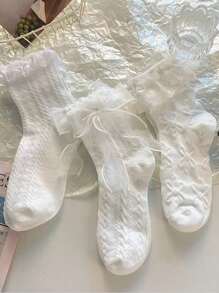 3pairs Women's Knee-High Socks White Lace Trim Bow Summer Thin Cute JK Princess Style