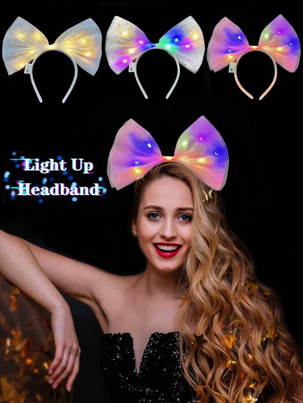 LED Bow Glowing Headband, Cute Bow Headband Fairy Costume Photoshoot, Glow In The Dark Neon Rave Party Carnival Women Adult Birthday Christmas Gift Party Supplies
